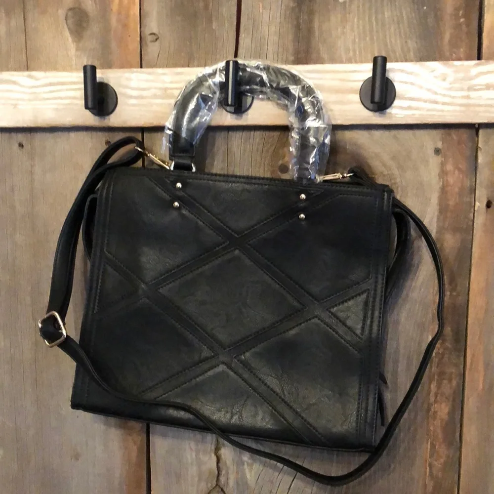 Pink Haley Black Faux Leather Patchwork Crossbody Satchel Bag Purse Tote